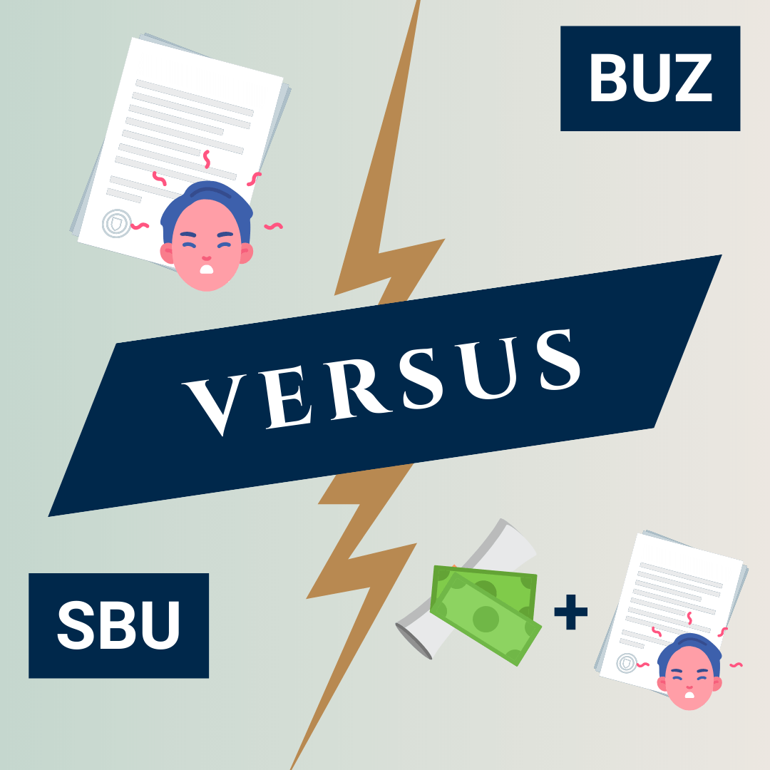 Eine Grafik zur Visualisierung des Disputs zwischen zwei Lösungsmöglichkeiten für eine Berufsunfähigkeitsversicherung: SBU und BUZ.