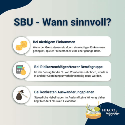Die SBU ist sinnvoll bei niedrigem Einkommen, Risikozuschlägen, teuren Berufsgruppen und konkreten Auswanderungsplänen.