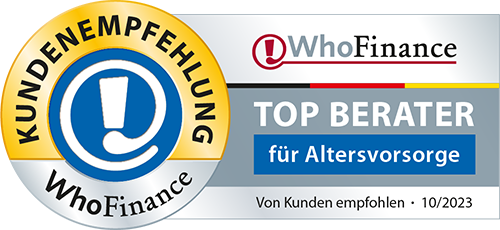 Siegel TOP BERATER für Altersvorsorge - Von Kunden empfohlen 10/2023 von WhoFinance mit Kundenempfehlungsabzeichen, unterstreicht die Anerkennung und Expertise in der Beratung zur Altersvorsorge.