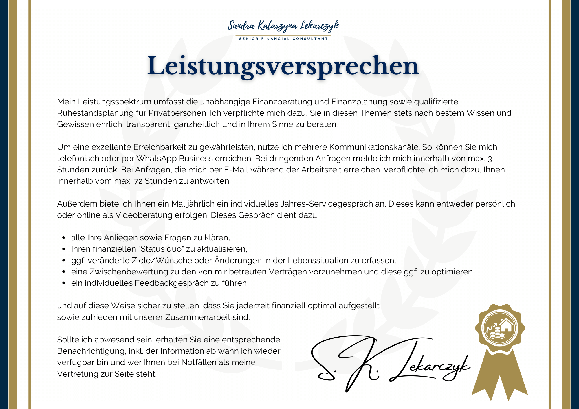 Professionelles Leistungsversprechen von Sandra Katarzyna Lekarczyk, Senior Financial Consultant, umfasst unabhängige Finanzberatung und Ruhestandsplanung, dargestellt in einem eleganten Design mit umfassenden Service-Details und Kontaktmöglichkeiten, ideal für potenzielle Klienten, die nach zuverlässiger und transparenter Finanzberatung suchen.