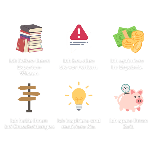 Sechs farbige Icons, die die Mehrwerte einer Finanzberatung darstellen. 'Ich liefere Ihnen Experten-Wissen' neben einem Stapel Bücher. 'Ich bewahre Sie vor Fehlern' neben einem Ausrufezeichen in einer Sprechblase. 'Ich optimiere Ihr Ergebnis' neben Münzen und Geldscheinen. 'Ich helfe Ihnen bei Entscheidungen' neben einem Wegweiser. 'Ich inspiriere und motiviere Sie' neben einer leuchtenden Glühbirne. 'Ich spare Ihnen Zeit' neben einer Uhr auf einem Sparschwein.