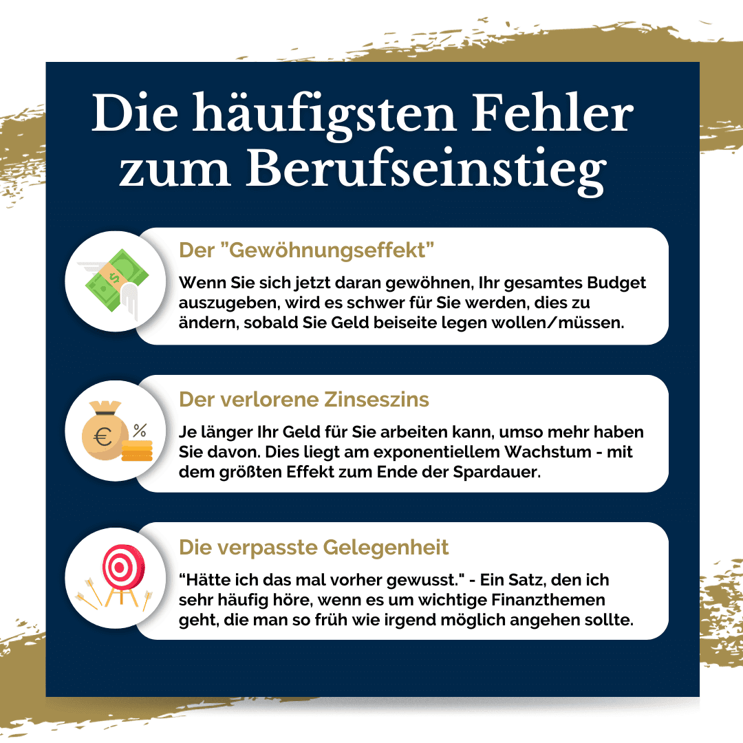 Informative Grafik zu den häufigsten Fehlern beim Finanzmanagement zum Berufseinstieg, inklusive Tipps zur Vermeidung von Gewöhnungseffekten, dem Verlust des Zinseszins-Effekts und verpassten Gelegenheiten.