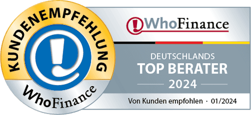 Siegel für ausgezeichnete Kundenempfehlung von WhoFinance, beschriftet mit Deutschlands TOP BERATER 2024, sowie der Hinweis Von Kunden empfohlen - 01/2024. Das Siegel ist in Goldtönen gehalten, mit einem auffälligen Ausrufezeichen im Zentrum, was Vertrauenswürdigkeit und hohe Kundenzufriedenheit symbolisiert.