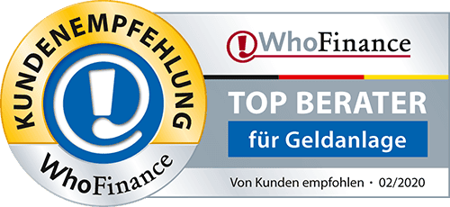 Kundenempfehlung WhoFinance - TOP BERATER für Geldanlage", empfohlen von Kunden im Februar 2020. Das Siegel ist rund mit einem blauen Rand, der das WhoFinance-Logo in Weiß auf blauem Hintergrund zeigt und einem goldenen Stern, der die Empfehlung kennzeichnet. Unter dem Logo befindet sich ein roter Balken mit dem Titel "TOP BERATER für Geldanlage", gefolgt von einem grauen Balken mit der Aufschrift "Von Kunden empfohlen - 02/2020". Das Design vermittelt Vertrauenswürdigkeit und Anerkennung in der Finanzberatungsbranche.