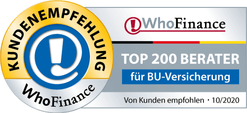 Siegel 'TOP 200 BERATER für BU-Versicherung', verliehen von WhoFinance, mit der Aufschrift 'Von Kunden empfohlen - 10/2020', unterstrichen durch das WhoFinance-Logo und dem Symbol für Kundenempfehlung.