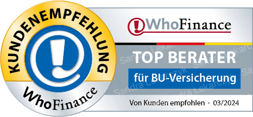 Ein auf Kundenempfehlungen basierendes WhoFinance-Siegel von März 2021, das Sandra Lekarczyk als Deutschlands Top Beraterin 2022 auszeichnet.