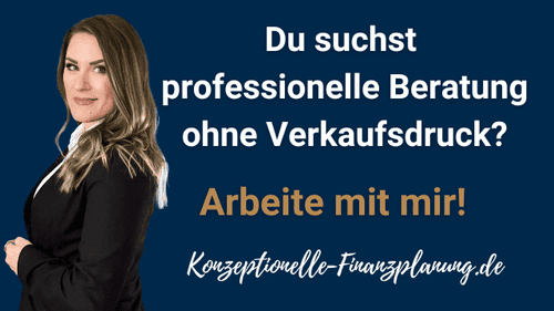 Sandra Katarzyna Lekarczyk, erfahrene Finanzberaterin, bietet auf ihrem Werbebanner professionelle Beratung ohne Verkaufsdruck an. Das Bild zeigt Sandra in formeller Business-Kleidung, die dazu einlädt, mit ihr zu arbeiten. Im Hintergrund ist der Slogan 'Arbeiten Sie mit mir!' und die Website-Adresse 'Konzeptionelle-Finanzplanung.de' zu sehen, der die Dienstleistungen ihrer unabhängigen Finanzberatung betont.