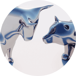 Stilisierte Abbildung eines Bullen und eines Bären in glänzendem Metall, die einander gegenüberstehen und den Begriff 'Bull- und Bear-Markt' in der Finanzwelt symbolisieren, was auf die Schwankungen am Aktienmarkt hinweist und eine sachkundige Beratung zur Geldanlage unerlässlich macht.