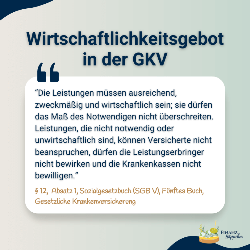 Infografik mit Zitat zum Wirtschaftlichkeitsgebot in der Gesetzlichen Krankenversicherung (GKV), §12 SGB V, betont die Notwendigkeit von ausreichenden, zweckmäßigen und wirtschaftlichen Leistungen ohne Überschreitung des Notwendigen.