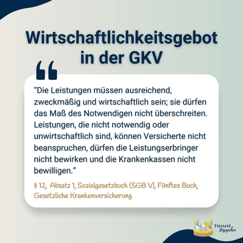 Infografik mit Zitat zum Wirtschaftlichkeitsgebot in der Gesetzlichen Krankenversicherung (GKV), §12 SGB V, betont die Notwendigkeit von ausreichenden, zweckmäßigen und wirtschaftlichen Leistungen ohne Überschreitung des Notwendigen.