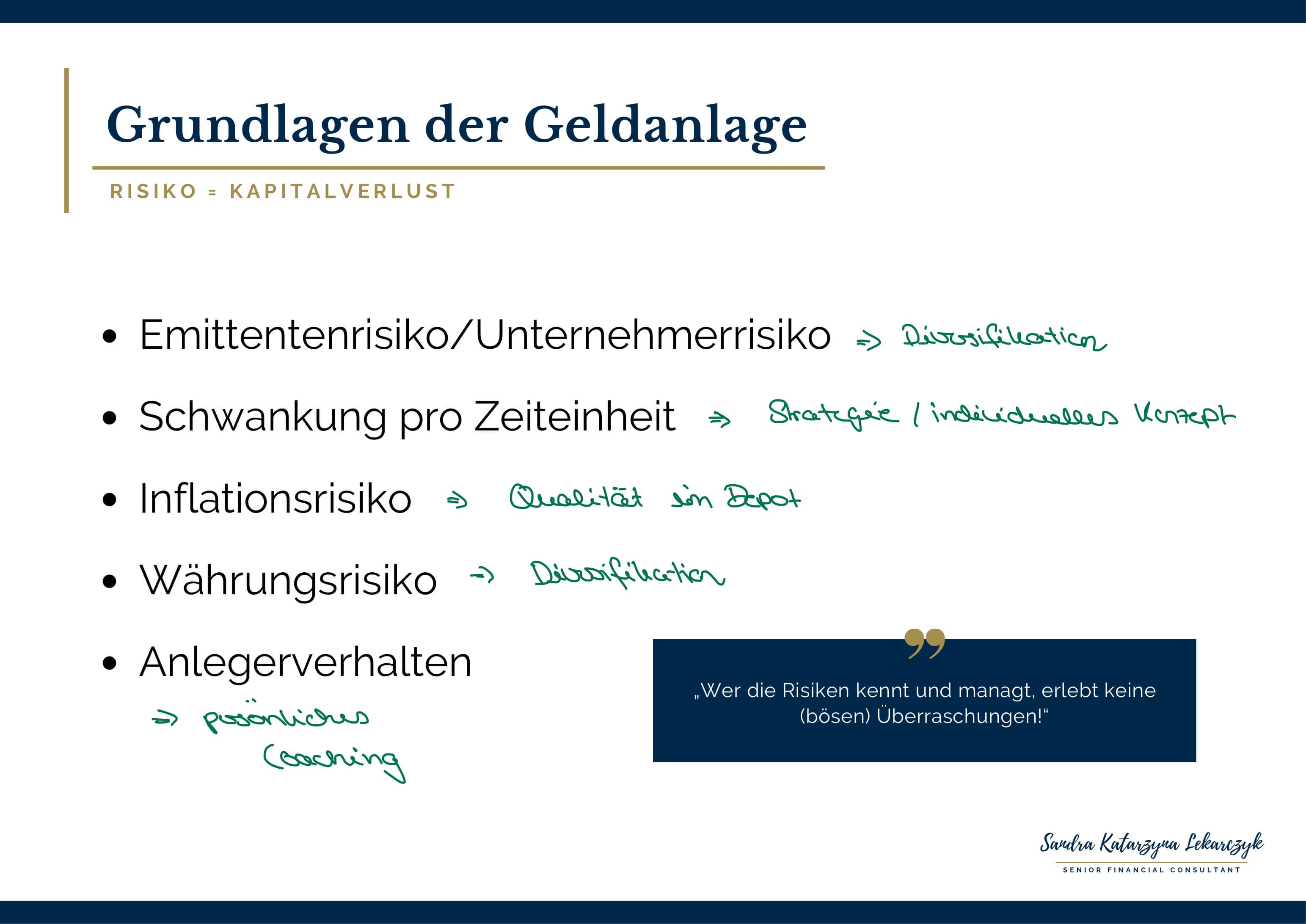 Infografik von Sandra Katarzyna Lekarczyk zu den Grundlagen der Geldanlage, die die verschiedenen Risikokategorien wie Emittentenrisiko, Schwankungen, Inflations- und Währungsrisiko beleuchtet. Die Grafik betont die Wichtigkeit der Diversifikation, Qualitätsinvestitionen und strategisches Investieren als Methoden zur Risikominimierung in finanziellen Portfolios, ergänzt durch persönliches Coaching zur Optimierung des Anlegerverhaltens.