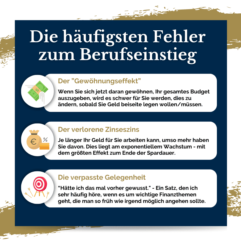 Informative Grafik zu den häufigsten Fehlern beim Finanzmanagement zum Berufseinstieg, inklusive Tipps zur Vermeidung von Gewöhnungseffekten, dem Verlust des Zinseszins-Effekts und verpassten Gelegenheiten.