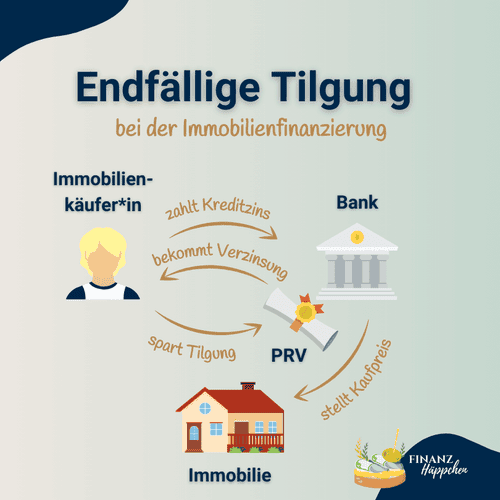 Infografik zur endfälligen Tilgung bei der Immobilienfinanzierung, zeigt die Interaktion zwischen Immobilienkäufer, Bank und privater Rentenversicherung (PRV), wobei der Immobilienkäufer Kreditzinsen zahlt, die Tilgung spart und gleichzeitig Verzinsung von der PRV erhält.