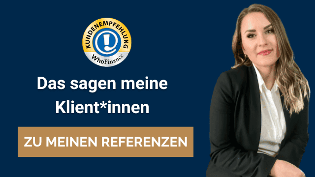 Porträt von Sandra Katarzyna Lekarczyk, einer erfahrenen Finanzberaterin, neben dem Emblem für Kundenempfehlungen von WhoFinance. Die Grafik mit dem Titel 'Das sagen meine Klient:innen zu meinen Referenzen' hebt das positive Feedback und die hohe Kundenzufriedenheit hervor, die Sandra in ihrer Karriere als vertrauenswürdige Beraterin erreicht hat.