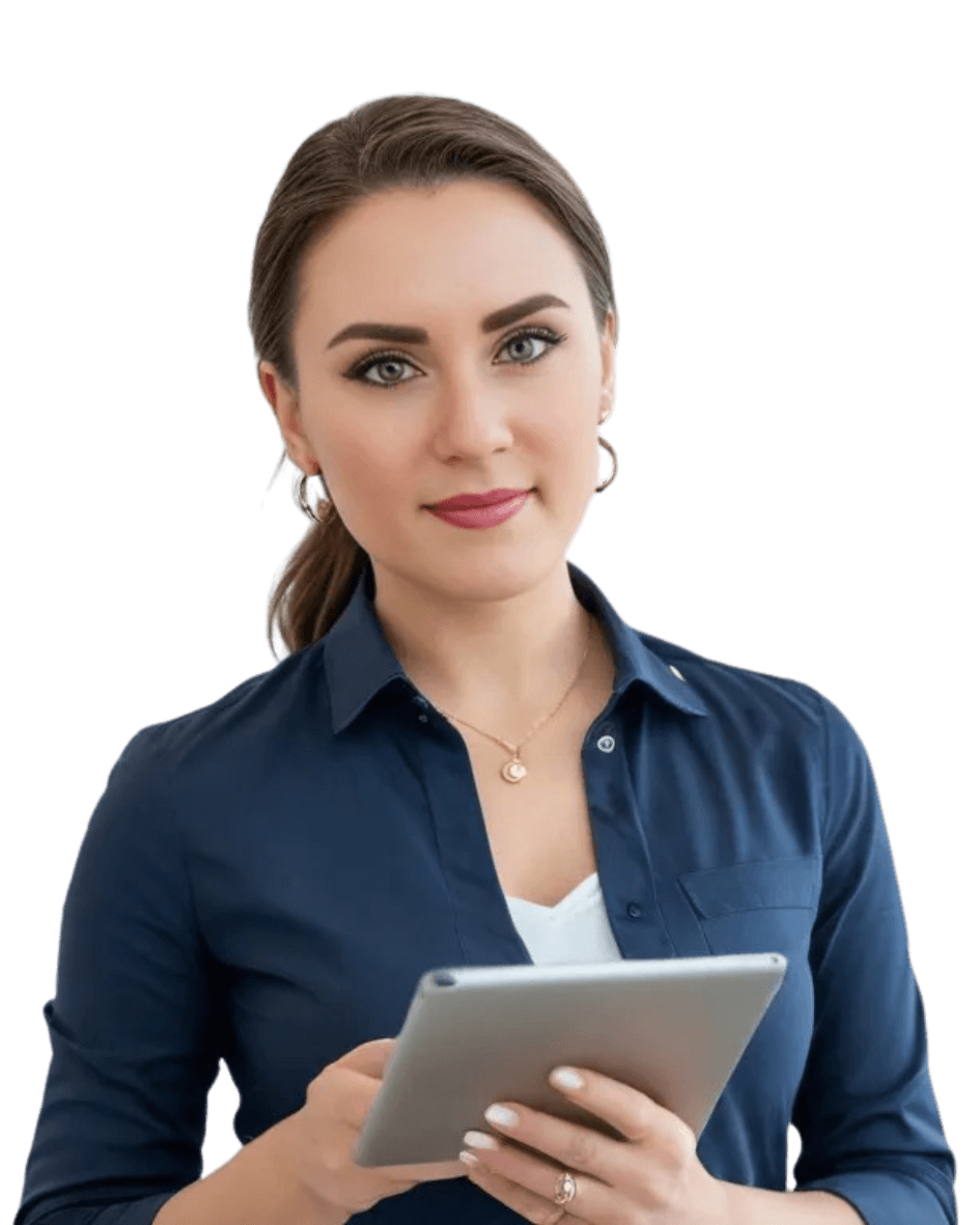 Porträtbild der professionellen Finanzberaterin Sandra Lekarczyk, die selbstbewusst in die Kamera blickt, mit zurückgelehnter Haltung und gestütztem Kopf, gekleidet in einem schicken weißen Hemd und dunklem Blazer, unterstrichen von ihrem dezenten Schmuck und einer Uhr, was Kompetenz und Vertrauenswürdigkeit ausstrahlt.