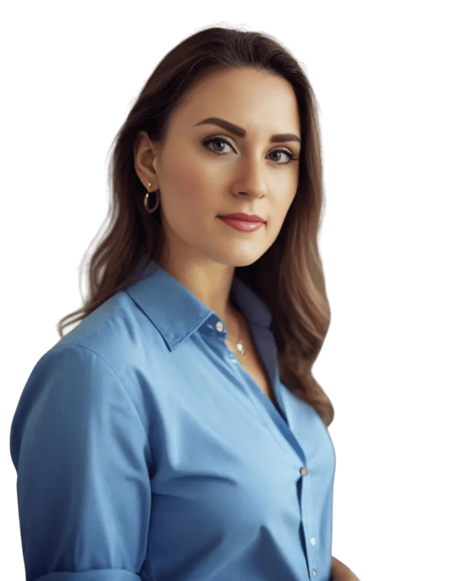 Finanzplanerin Sandra Lekarczyk mit seitlich gewandtem Blick, gekleidet in ein weißes Hemd und einen schwarzen Blazer, steht vor einem stilisierten goldenen Hintergrund, was Kompetenz und Zugänglichkeit vermittelt.