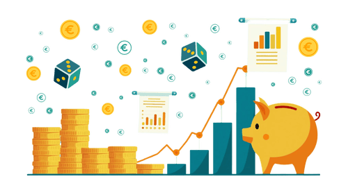 Illustration zum My First Million Game® – spielerischer Einstieg in die Geldanlage mit Diagrammen, Sparschwein, Würfeln und Euro-Münzen für finanzielle Bildung und Investieren lernen.