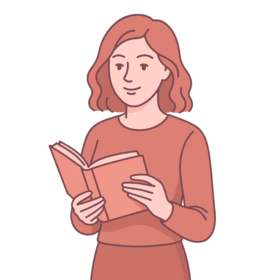 Illustration einer Frau mit Buch – finanzielle Weiterbildung für Frauen, Finanzwissen aufbauen, Grundlagen der Geldanlage verstehen.