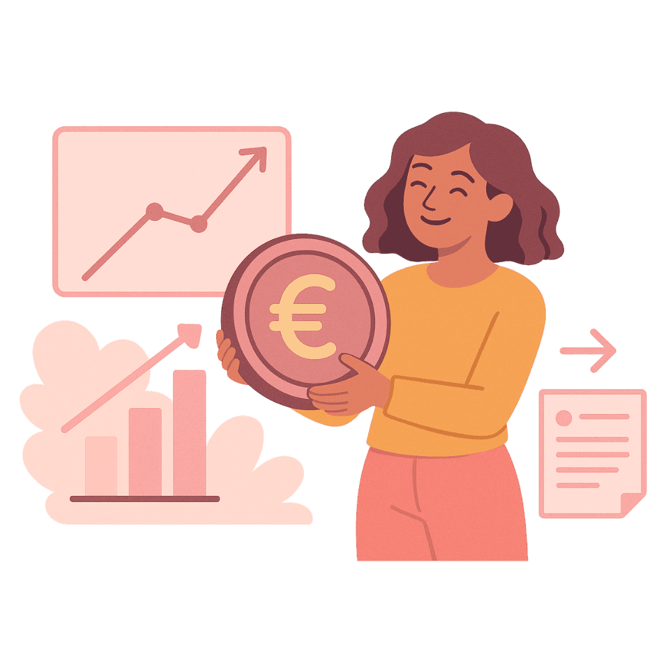 Illustration einer Frau mit Euro-Münze und Wachstumsgrafiken – Finanzen für Frauen, Vermögensaufbau, finanzielle Unabhängigkeit, Geldanlage visualisieren.