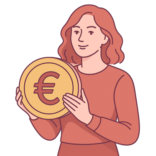 Illustration einer Frau mit Euro-Münze – finanzielle Bildung für Frauen, selbstbestimmt investieren, Geldanlage einfach erklärt.