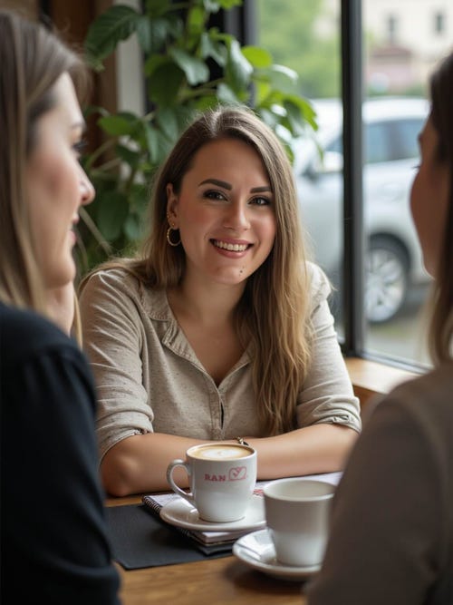 Finanzberaterin Sandra Lekarczyk im Gespräch mit zwei Frauen in einem Café – persönliche Finanzberatung für Frauen in entspannter Atmosphäre mit Fokus auf finanzielle Bildung, Geldanlage und finanzielle Selbstbestimmung.