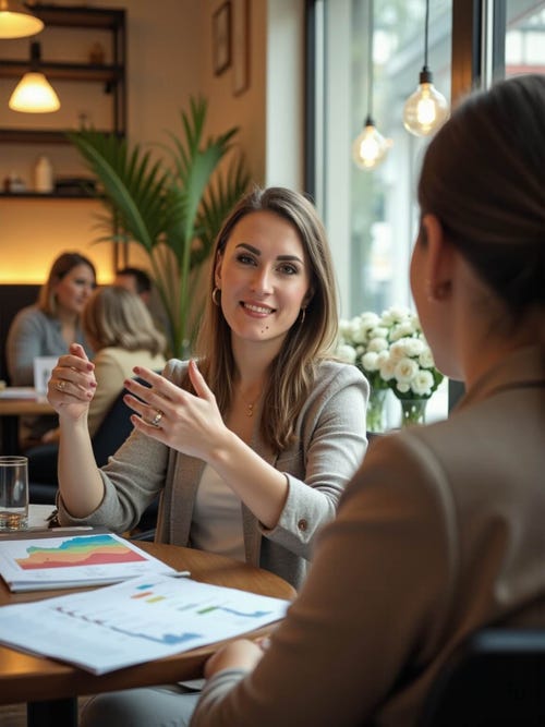Professionelle Finanzberaterin Sandra Lekarczyk im Gespräch mit einer Kundin in modernem Café – individuelle Finanzberatung für Frauen zu Geldanlage, Vermögensaufbau und Altersvorsorge.