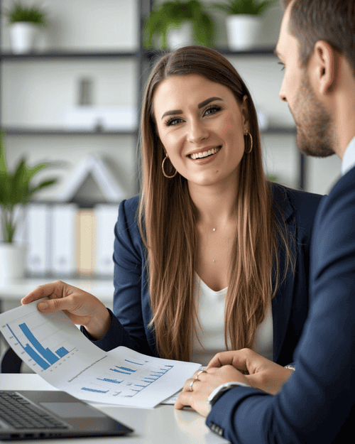 Professionelle Finanzberaterin Sandra Lekarczyk im Gespräch mit einem Kunden über Vermögensaufbau und Investmentstrategien – individuelle Finanzberatung für Akademiker*innen.