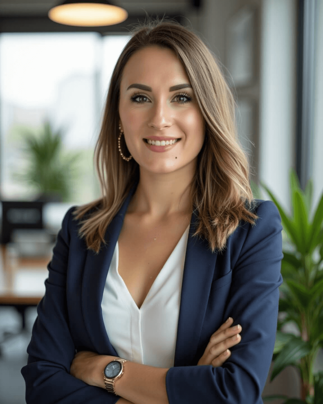 Porträt von Finanzberaterin Sandra Lekarczyk im Business-Outfit, stehend mit verschränkten Armen in einem modernen Büro – Symbol für professionelle Finanzberatung, unabhängige Geldanlage und individuelle Vermögensplanung.