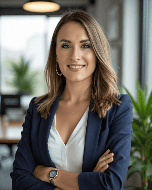 Porträt von Finanzberaterin Sandra Lekarczyk im Business-Outfit, stehend mit verschränkten Armen in einem modernen Büro – Symbol für professionelle Finanzberatung, unabhängige Geldanlage und individuelle Vermögensplanung.
