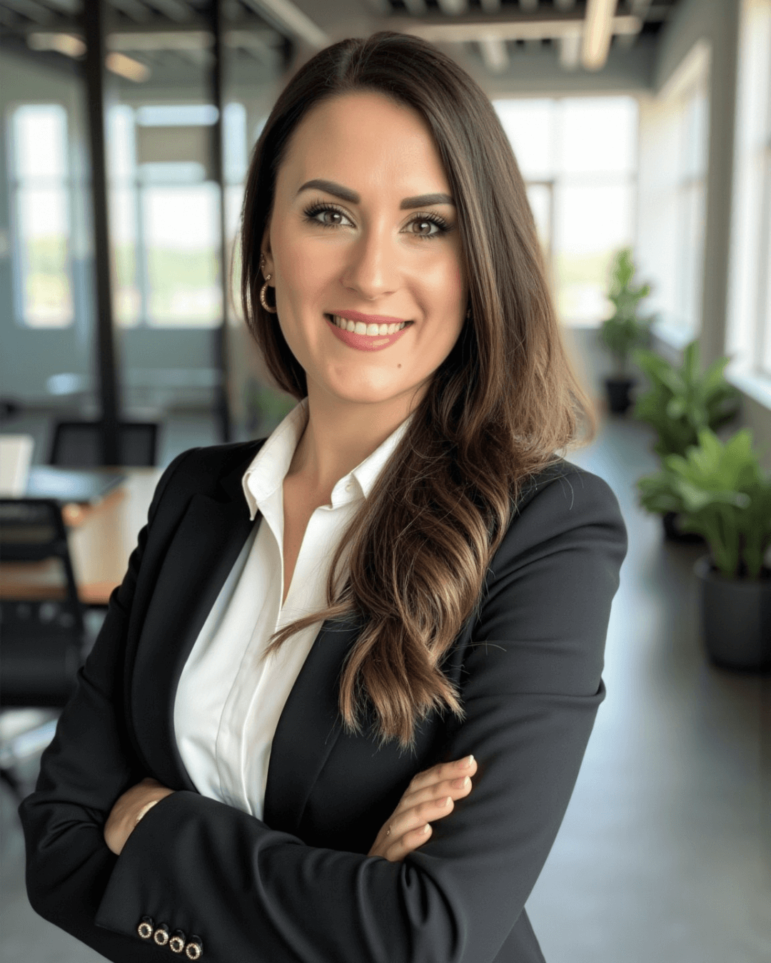 Portrait von Finanzberaterin Sandra Lekarczyk im Business-Outfit, freundlich lächelnd im modernen Büro – unabhängige Finanzberatung für Akademiker*innen und Frauen, spezialisiert auf Geldanlage, Altersvorsorge und Kapitalmarktstrategie.