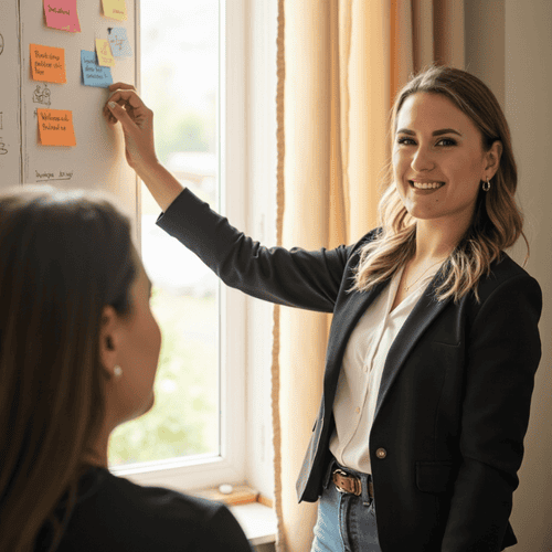 Finanzberaterin Sandra Lekarczyk erklärt Finanzstrategien mit Post-its – individuelle Finanzplanung verständlich und visuell erklärt für mehr Entscheidungssicherheit.