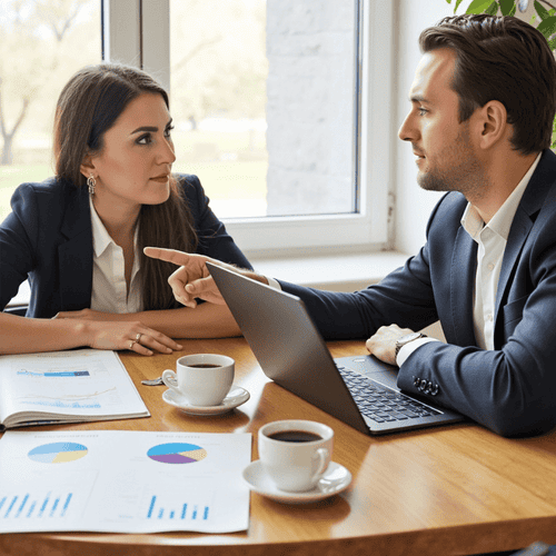 Professionelles Finanzberatungsgespräch zwischen Finanzberaterin Sandra Lekarczyk und Kunde – individuelle Analyse von Investmentstrategien mit Fokus auf Beratung statt Verkauf.