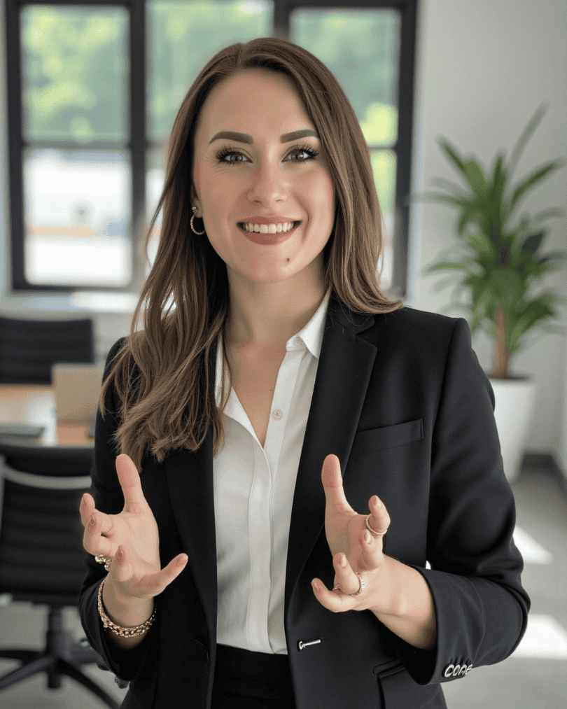 Porträtbild der professionellen Finanzberaterin Sandra Lekarczyk, die selbstbewusst in die Kamera blickt, mit zurückgelehnter Haltung und gestütztem Kopf, gekleidet in einem schicken weißen Hemd und dunklem Blazer, unterstrichen von ihrem dezenten Schmuck und einer Uhr, was Kompetenz und Vertrauenswürdigkeit ausstrahlt.