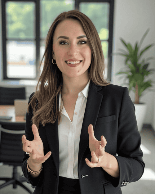 Porträt von Finanzberaterin Sandra Lekarczyk im Business-Outfit, stehend mit verschränkten Armen in einem modernen Büro – Symbol für professionelle Finanzberatung, unabhängige Geldanlage und individuelle Vermögensplanung.