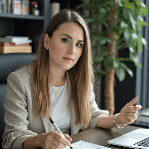 Finanzberaterin Sandra Lekarczyk im Gespräch am Schreibtisch – moderne, kompetente Beratung gegen Vorurteile und Klischees in der Finanzbranche.