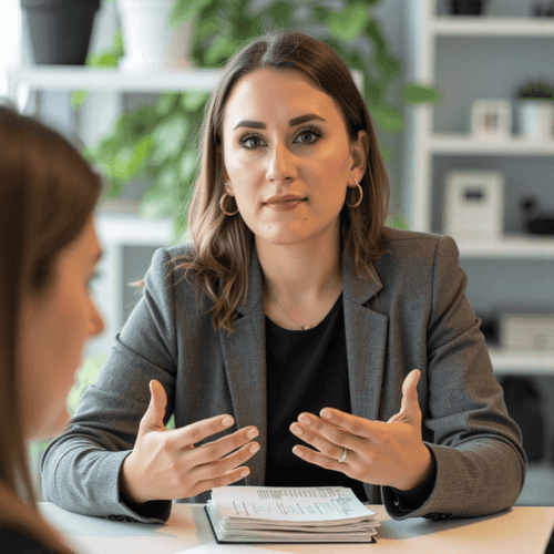 Finanzberaterin Sandra Lekarczyk im Gespräch mit Kundin – individuelle Finanzberatung mit Fokus auf finanzielle Selbstbestimmung und fundierte Entscheidungsfindung.