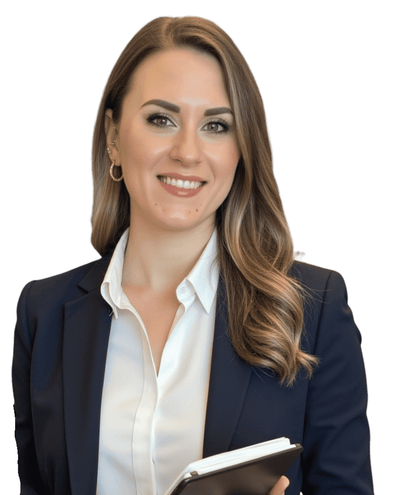 Finanzplanerin Sandra Lekarczyk mit seitlich gewandtem Blick, gekleidet in ein weißes Hemd und einen schwarzen Blazer, steht vor einem stilisierten goldenen Hintergrund, was Kompetenz und Zugänglichkeit vermittelt.