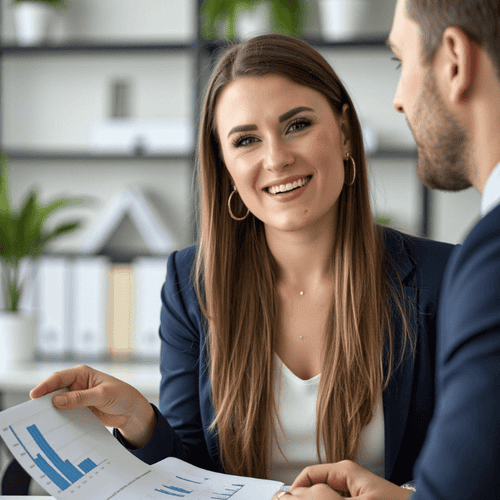 Finanzberaterin Sandra Lekarczyk im persönlichen Gespräch mit einem Kollegen – professionelle Finanzberatung und individuelle Vermögensplanung in vertrauensvoller Atmosphäre.