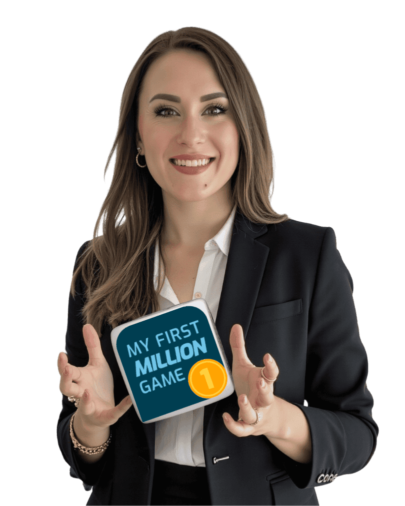 Porträtbild der professionellen Finanzberaterin Sandra Lekarczyk, die selbstbewusst in die Kamera blickt, mit zurückgelehnter Haltung und gestütztem Kopf, gekleidet in einem schicken weißen Hemd und dunklem Blazer, unterstrichen von ihrem dezenten Schmuck und einer Uhr, was Kompetenz und Vertrauenswürdigkeit ausstrahlt.