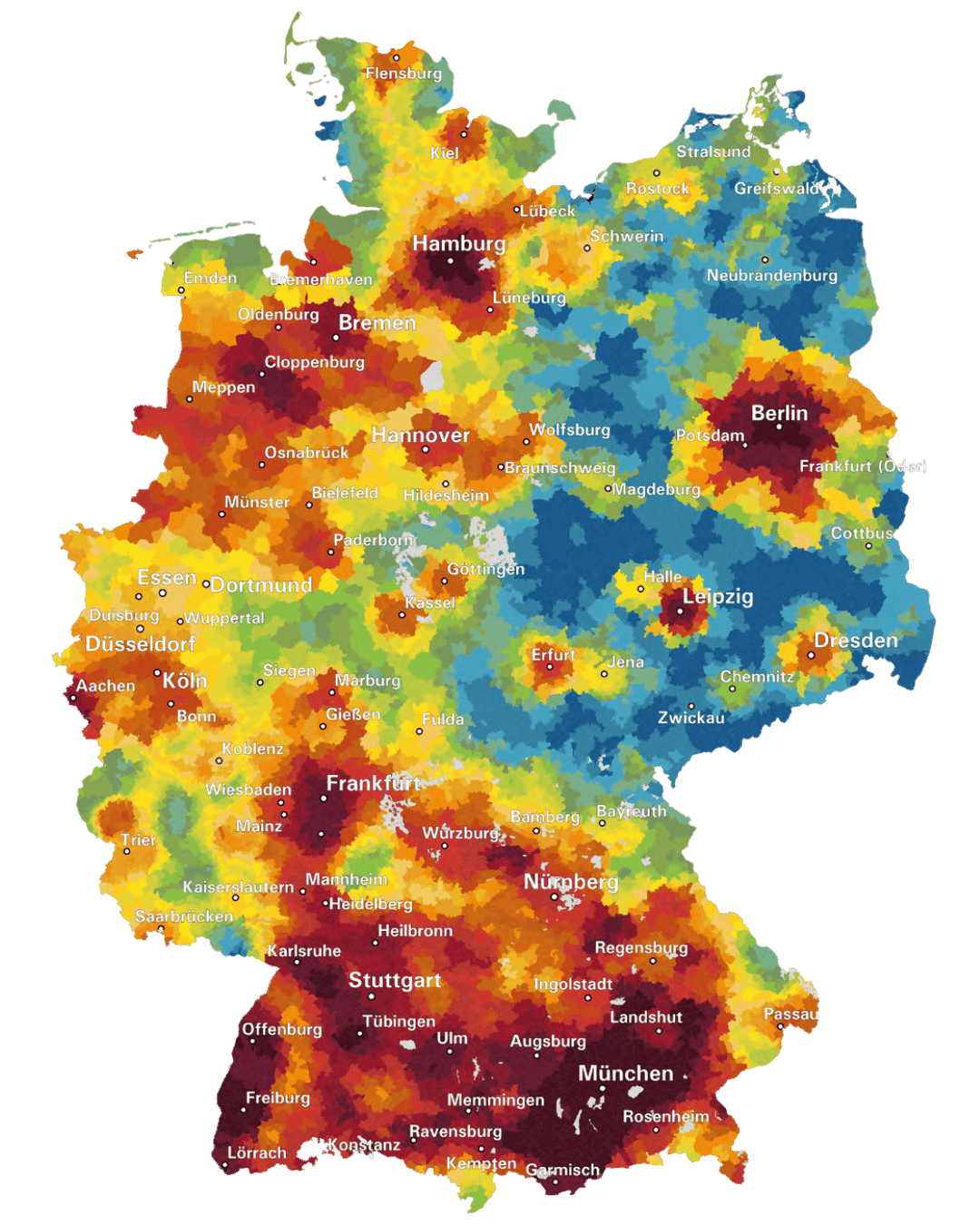 Wohnwetterkarte Deutschland: Farbcodierte Darstellung der regionalen Attraktivität für Immobilieninvestments mit Fokus auf Mietrendite und Standortfaktoren – hohe Nachfrage in Großstädten wie Hamburg, München, Berlin und Frankfurt.