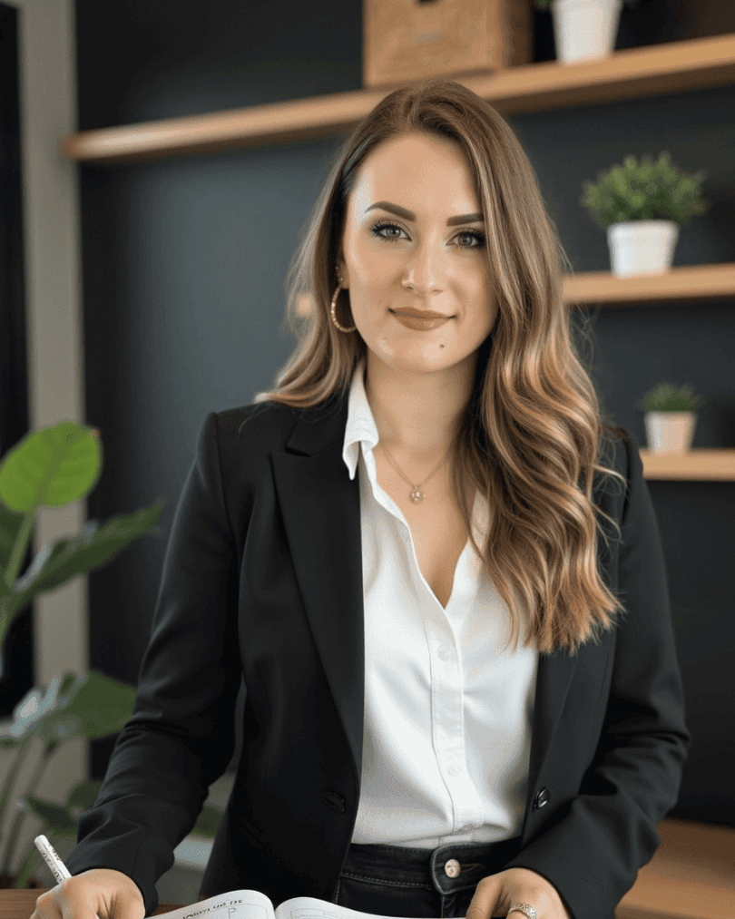 Portrait von Finanzberaterin Sandra Lekarczyk im Business-Outfit, freundlich lächelnd im modernen Büro – unabhängige Finanzberatung für Akademiker*innen und Frauen, spezialisiert auf Geldanlage, Altersvorsorge und Kapitalmarktstrategie.