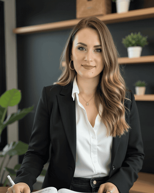 Portrait von Finanzberaterin Sandra Lekarczyk im Business-Outfit, freundlich lächelnd im modernen Büro – unabhängige Finanzberatung für Akademiker*innen und Frauen, spezialisiert auf Geldanlage, Altersvorsorge und Kapitalmarktstrategie.