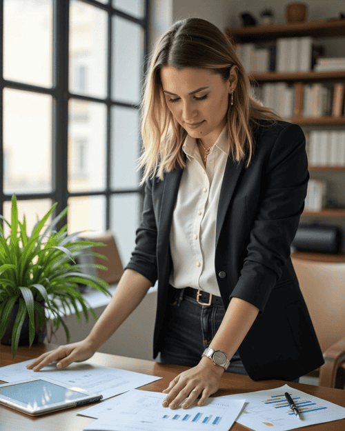 Finanzplanerin Sandra Lekarczyk analysiert Unterlagen zur individuellen Finanzplanung – strukturierte Finanzberatung für fundierte Finanzentscheidungen, Vermögensaufbau und langfristige finanzielle Klarheit.