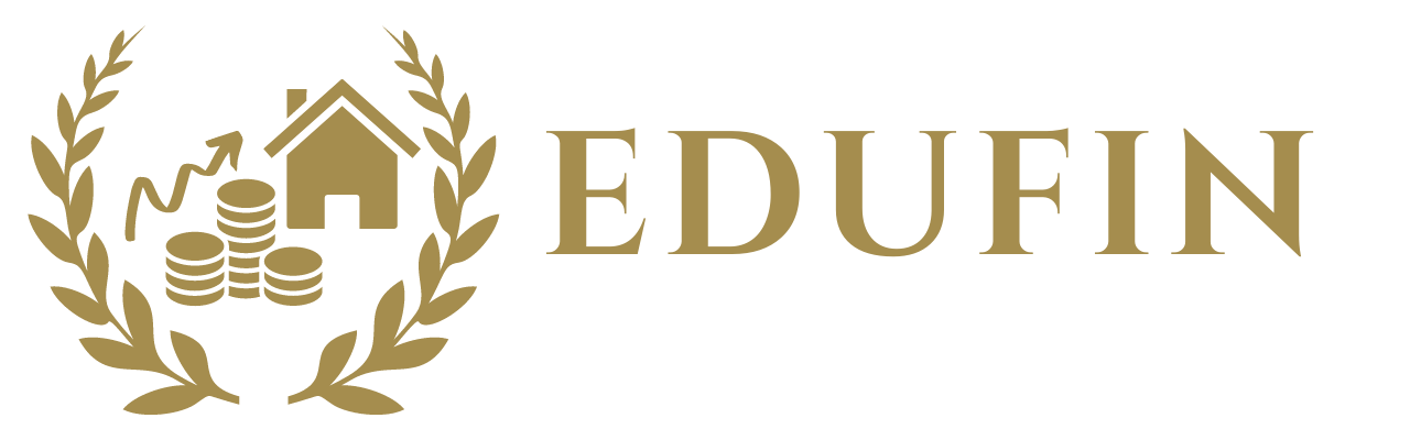 Das Logo von "EduFin by Sandra Lekarczyk" steht für Vermögenswachstum und Immobilienvermögen durch Finanzbildung. Dies wird mit einem Ensemble aus Lorbeerkranz, einem Haus sowie einen anwachsenden Münzstapel symbolisiert.